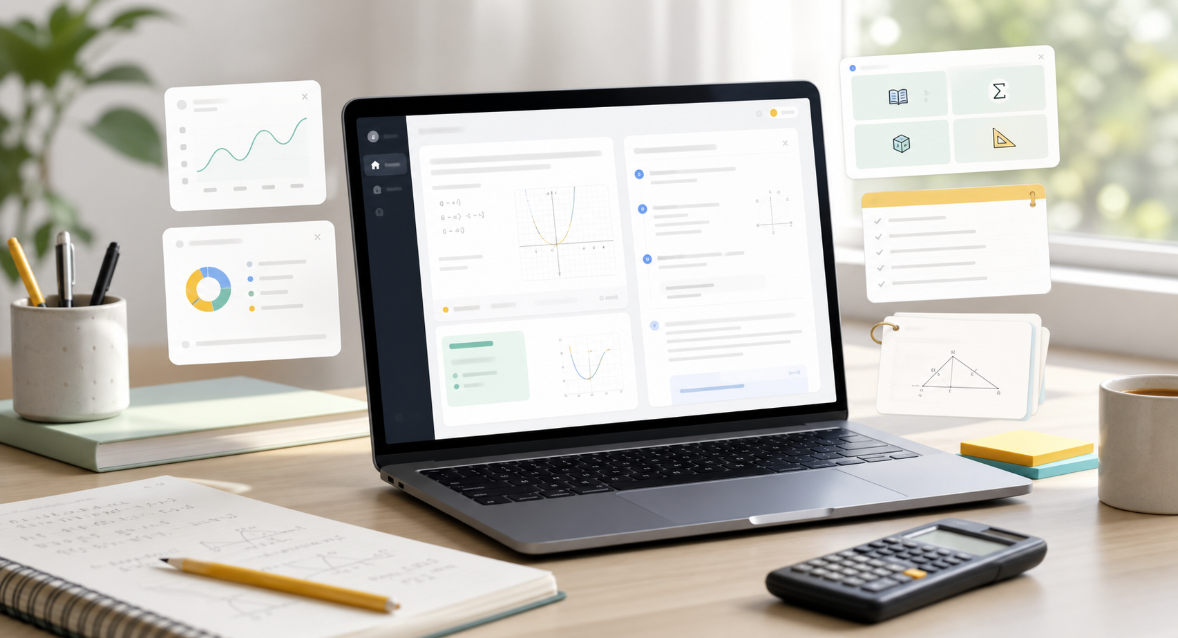 Student desk with a laptop showing AI homework steps, study notes and flashcards